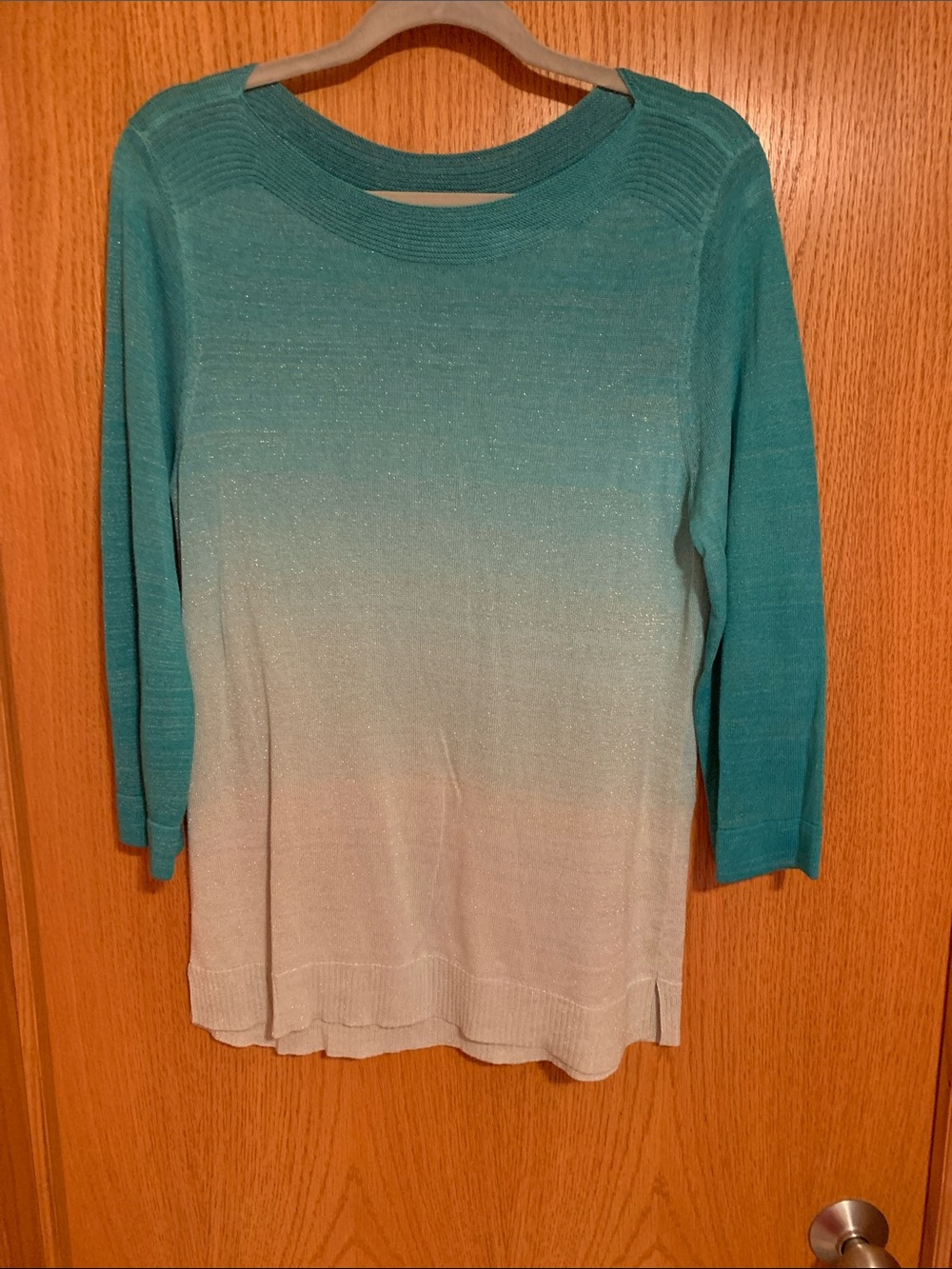 Chico's Teal to Light Blue Ombre Scoop Neck Sweater